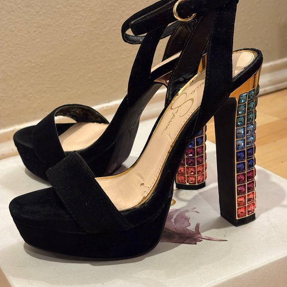 Jessica Simpson Black Heels with Gold and Multicolor Accents - Picture 2 of 2